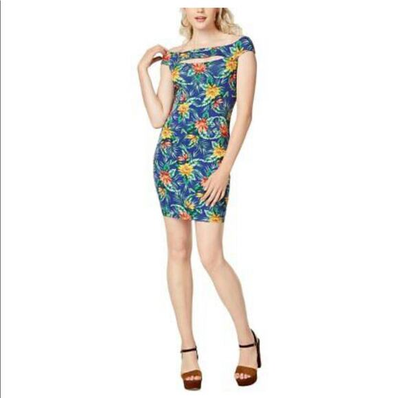 Guess Navine Mini Bodycon Dress Exotic Tropical Blue Size Medium - Picture 1 of 4